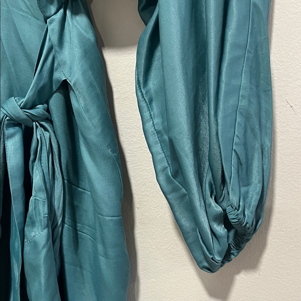 Zara Teal Satin Wrap Dress with Front Tie - Picture 3 of 7